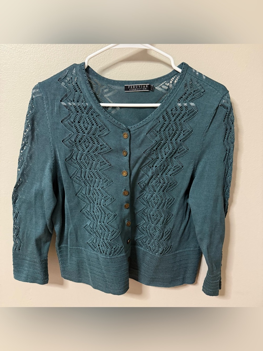 Peruvian Connection Green Chaco Lace Cardigan Sweater Large Lightweight